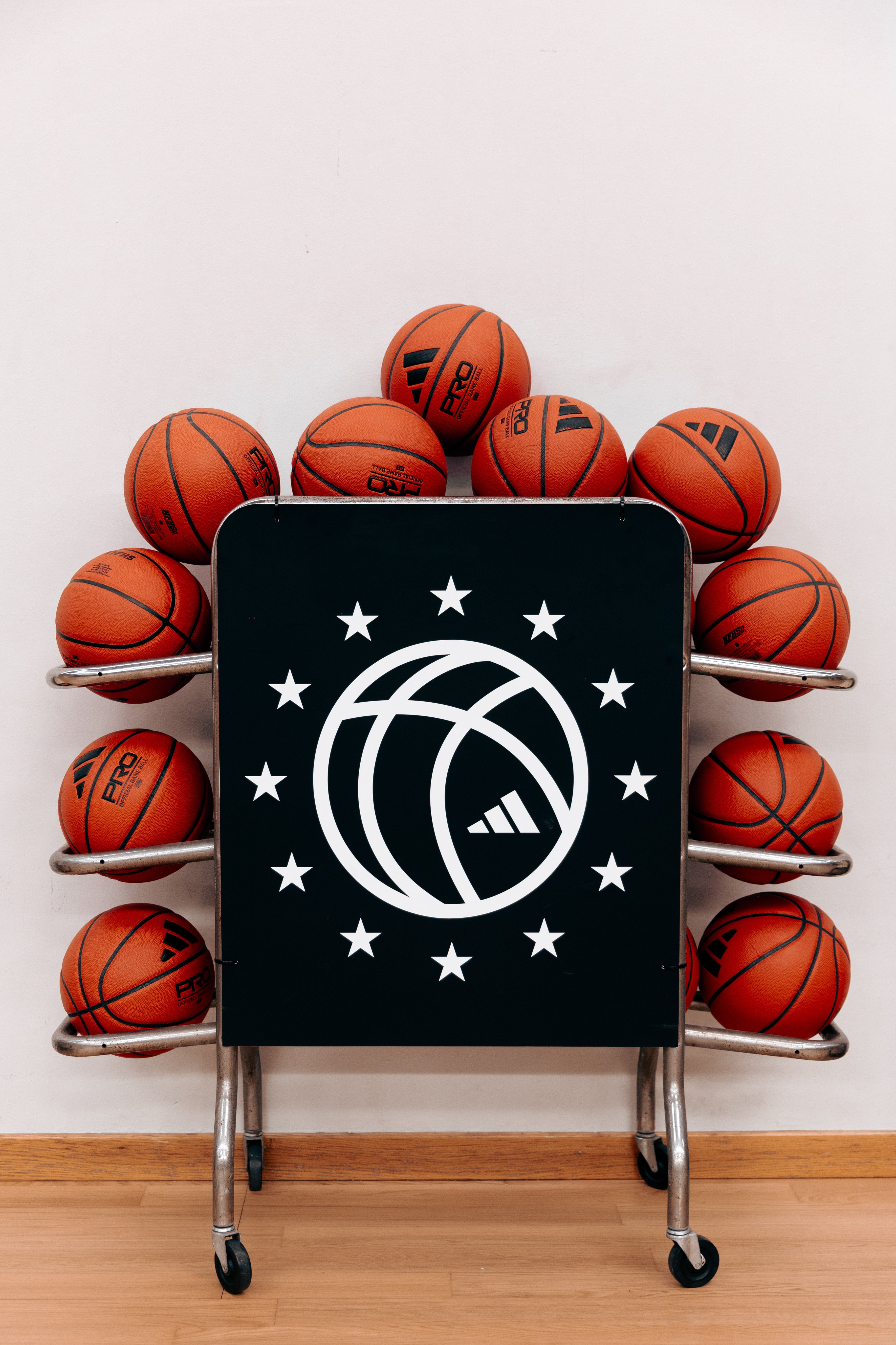 Cart filled with adidas-branded basketballs