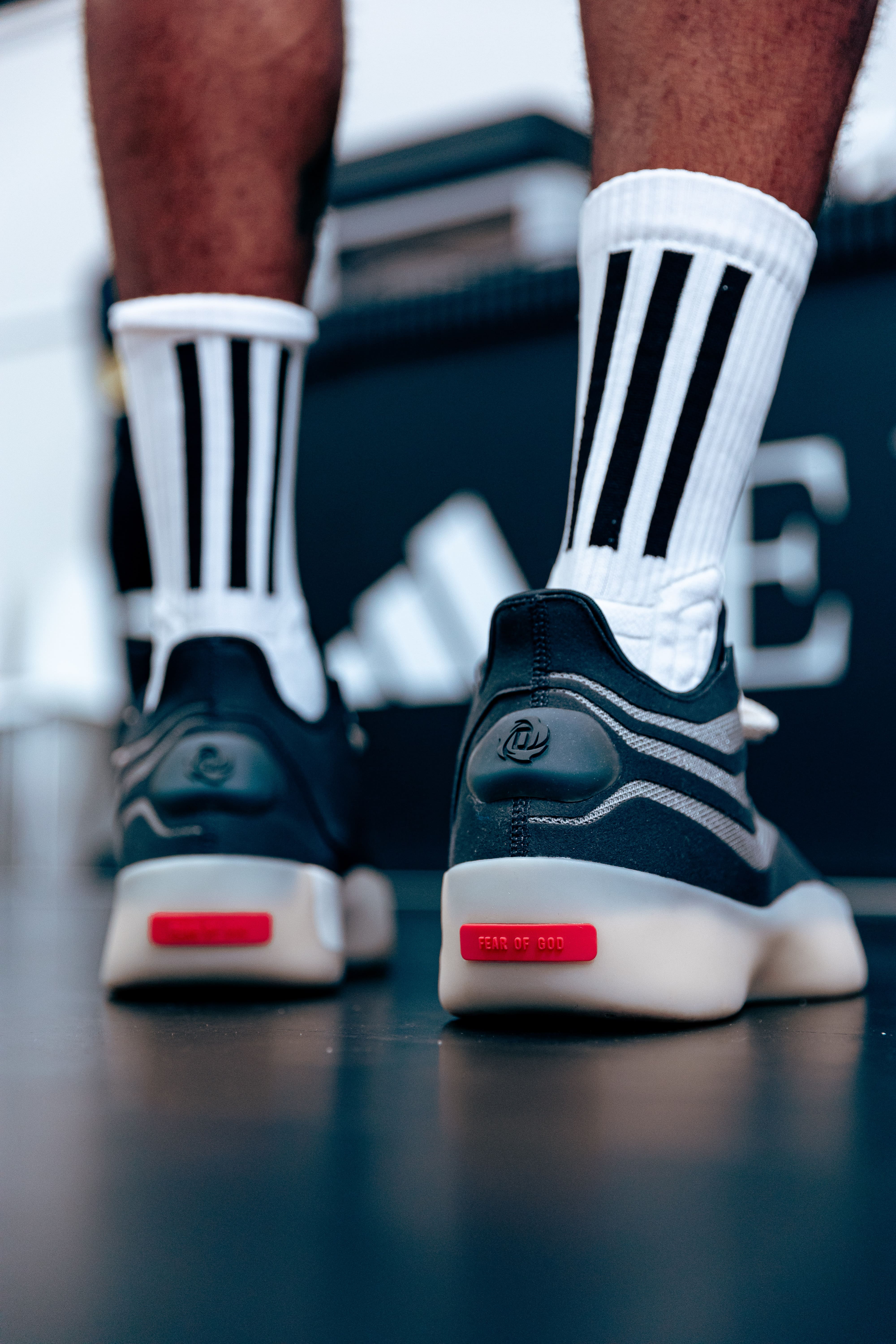Close-up of Fear of God adidas sneakers
